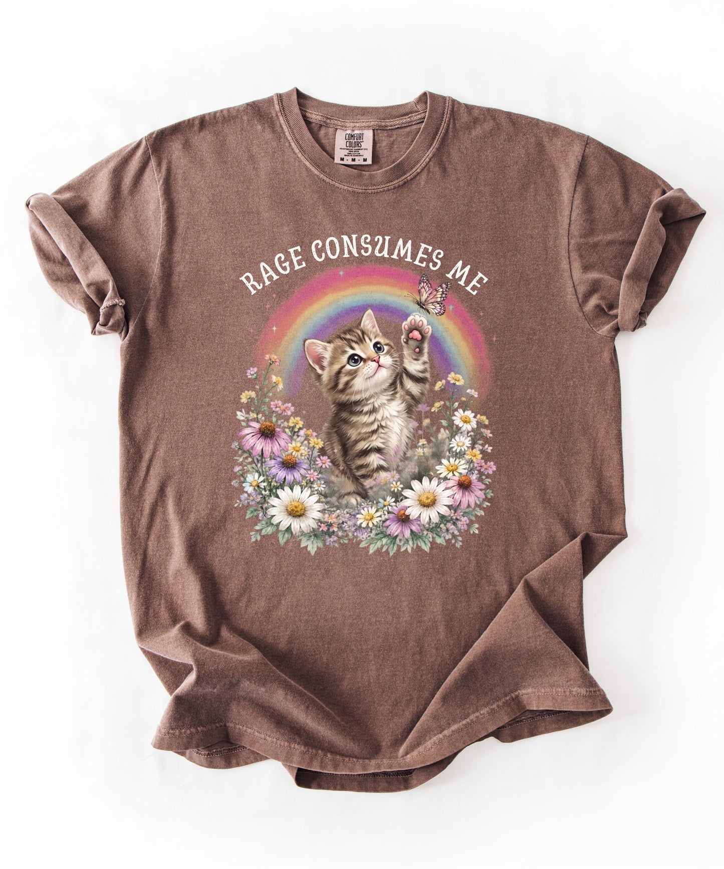 Rage Consumes Me funny cat graphic tee in Espresso — Comfort Colors garment-dyed shirt with floral kitten design