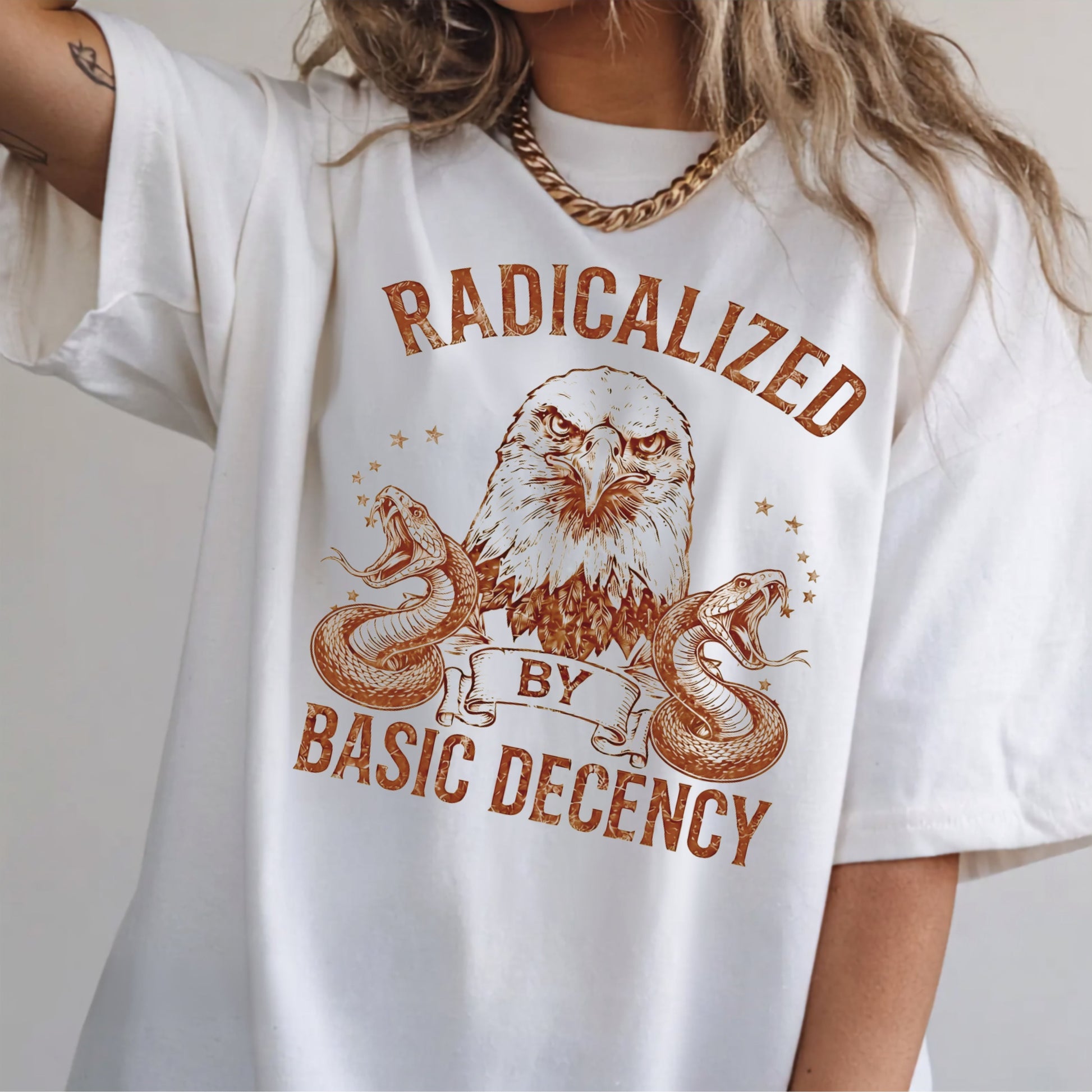 Radicalized by Basic Decency White garment-dyed graphic tee — eagle and snake vintage design, Comfort Colors 1717