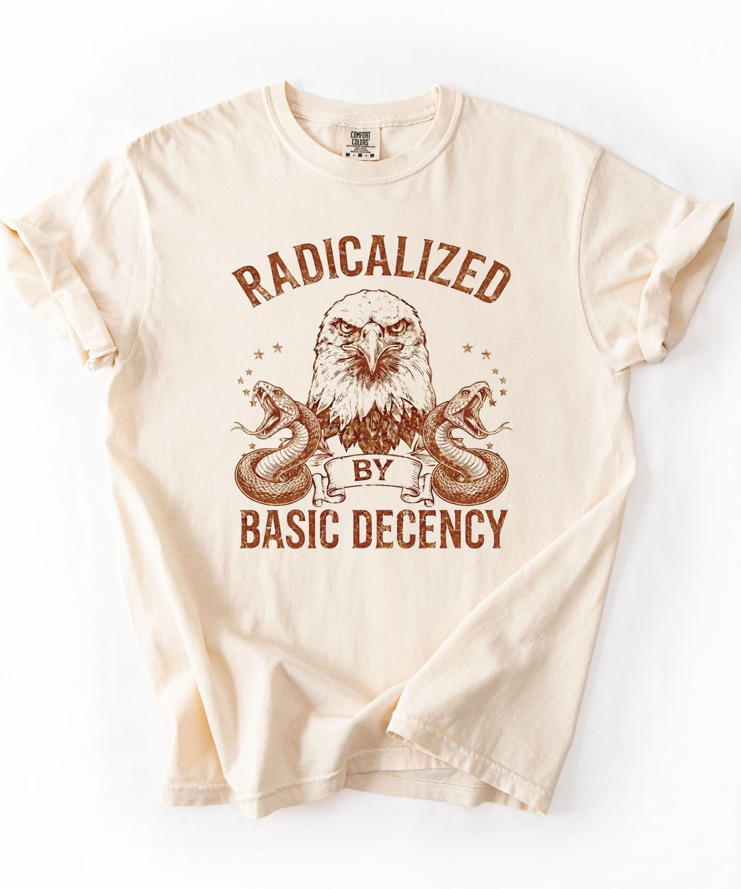 Radicalized by Basic Decency Ivory garment-dyed graphic tee — eagle and snake vintage design, Comfort Colors 1717