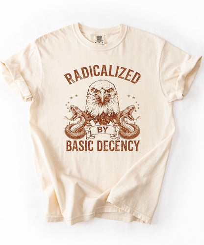 Radicalized by Basic Decency Ivory garment-dyed graphic tee — eagle and snake vintage design, Comfort Colors 1717