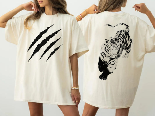 Tiger claw mark front and stalking tiger back graphic tee in IVORY, heavyweight garment-dyed cotton