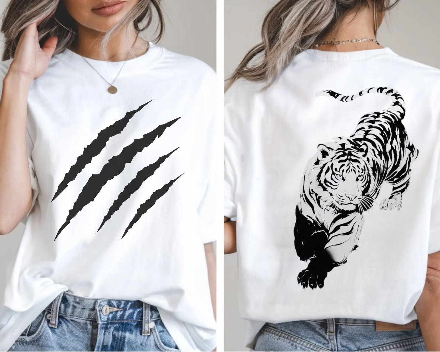 Tiger claw mark front and stalking tiger back graphic tee in white, heavyweight garment-dyed cotton