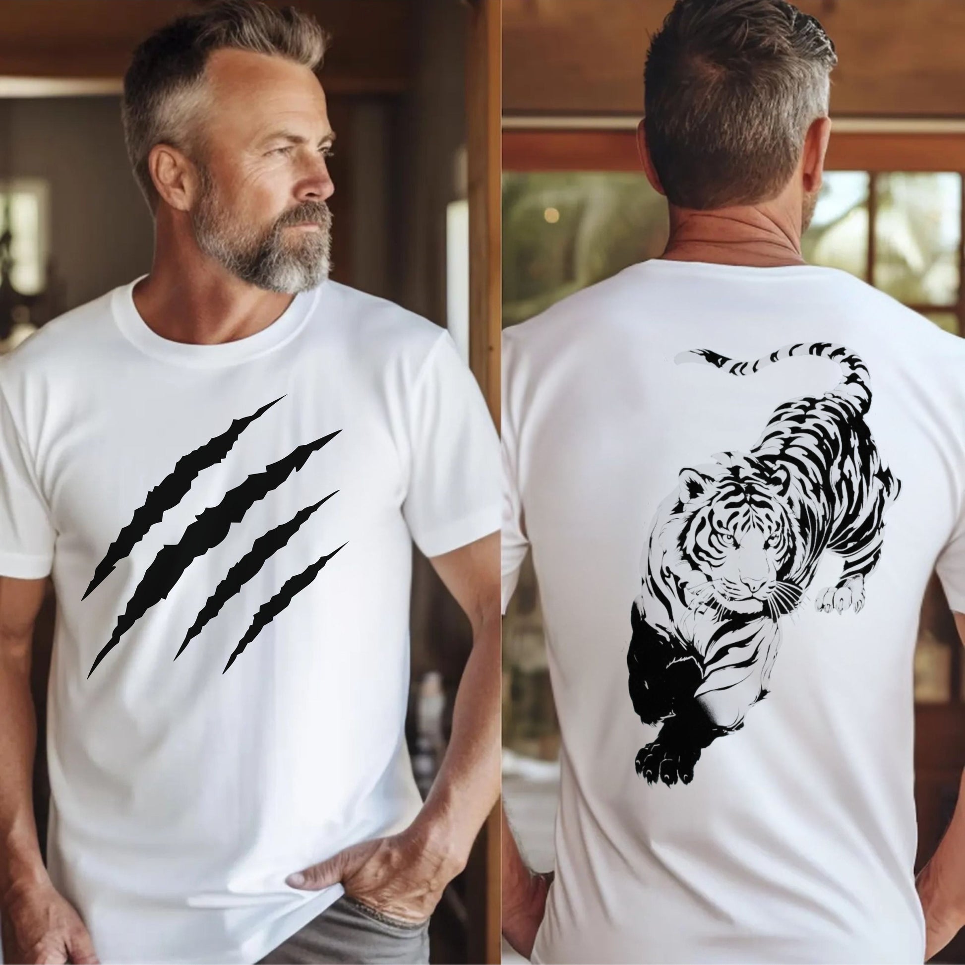 Tiger claw mark front and stalking tiger back graphic tee in white, heavyweight garment-dyed cotton