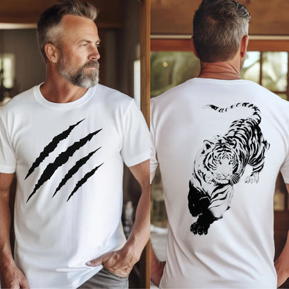 Tiger claw mark front and stalking tiger back graphic tee in white, heavyweight garment-dyed cotton