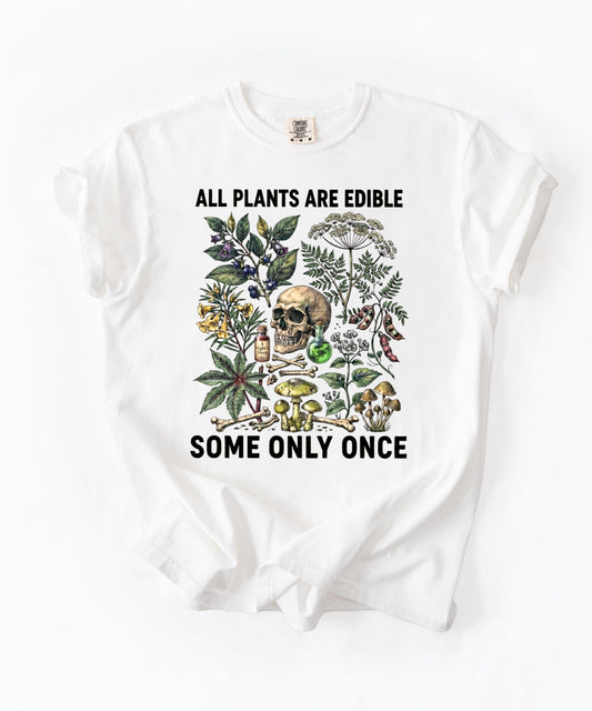 Botanical skull graphic tee in White — "All Plants Are Edible, Some Only Once" garment-dyed t-shirt