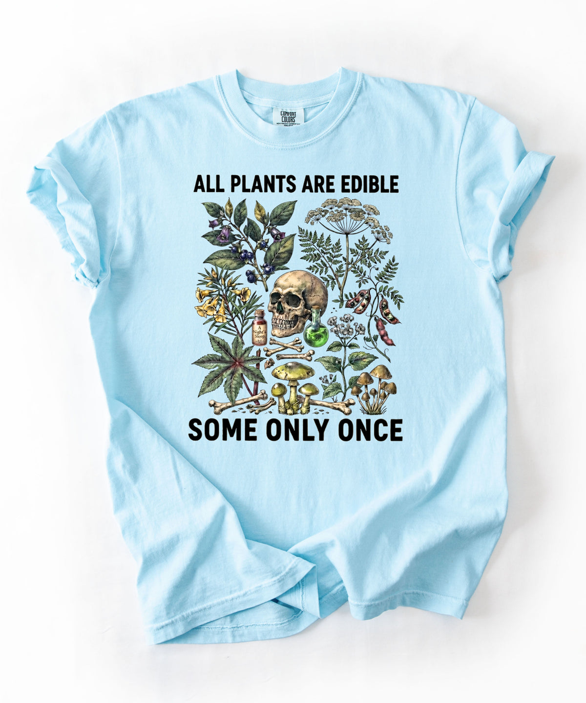 Botanical skull graphic tee in Chambray— "All Plants Are Edible, Some Only Once" garment-dyed t-shirt