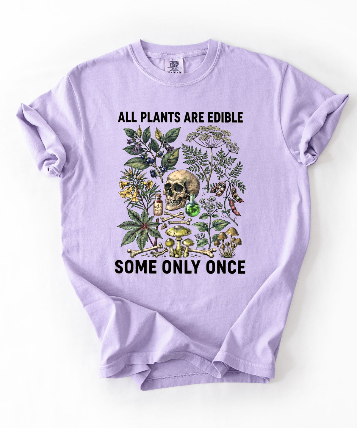 Botanical skull graphic tee in Orchid— "All Plants Are Edible, Some Only Once" garment-dyed t-shirt