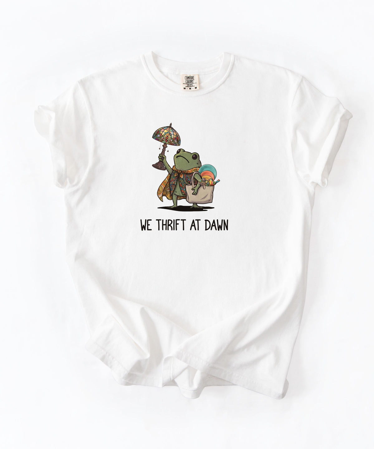 We Thrift at Dawn frog graphic tee in White — vintage camping thrift haul design
