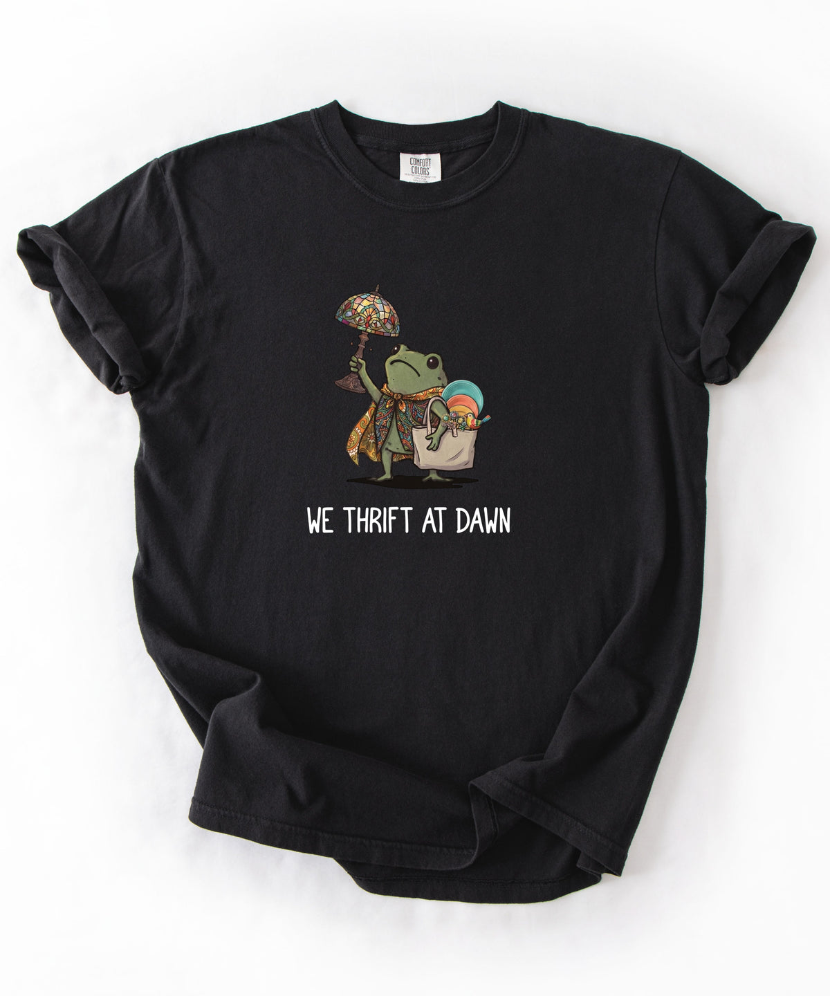 We Thrift at Dawn frog graphic tee in Black — vintage camping thrift haul design