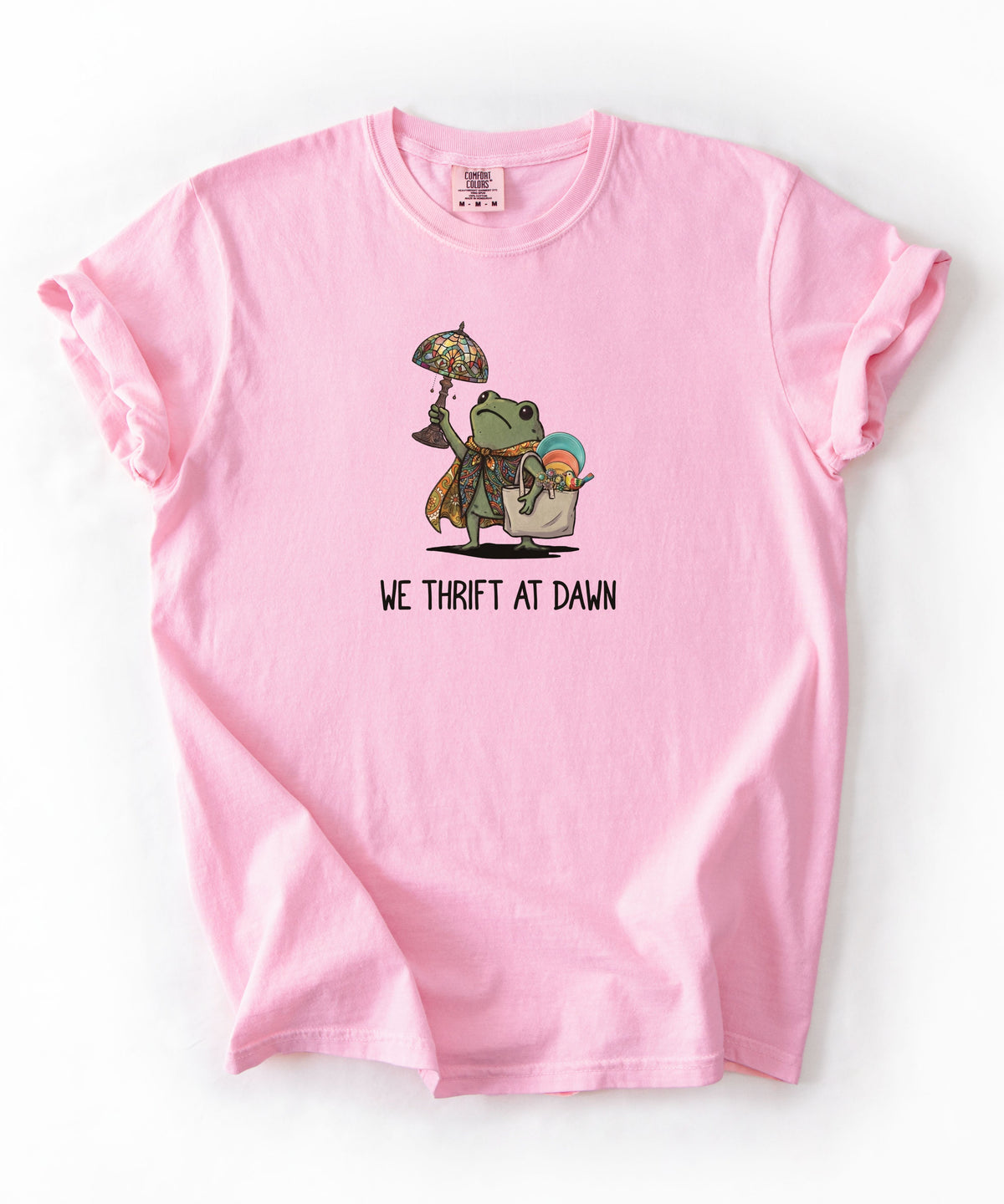 We Thrift at Dawn frog graphic tee in Blossom — vintage camping thrift haul design