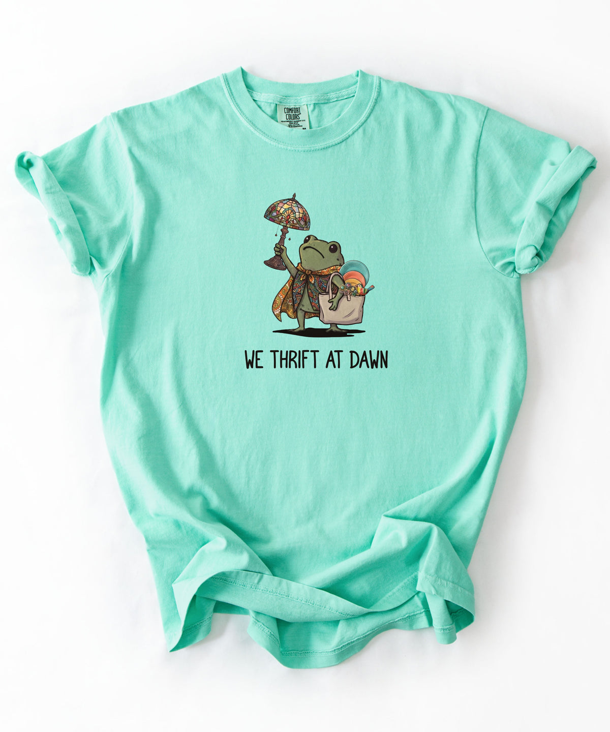 We Thrift at Dawn frog graphic tee in Island Reef— vintage camping thrift haul design