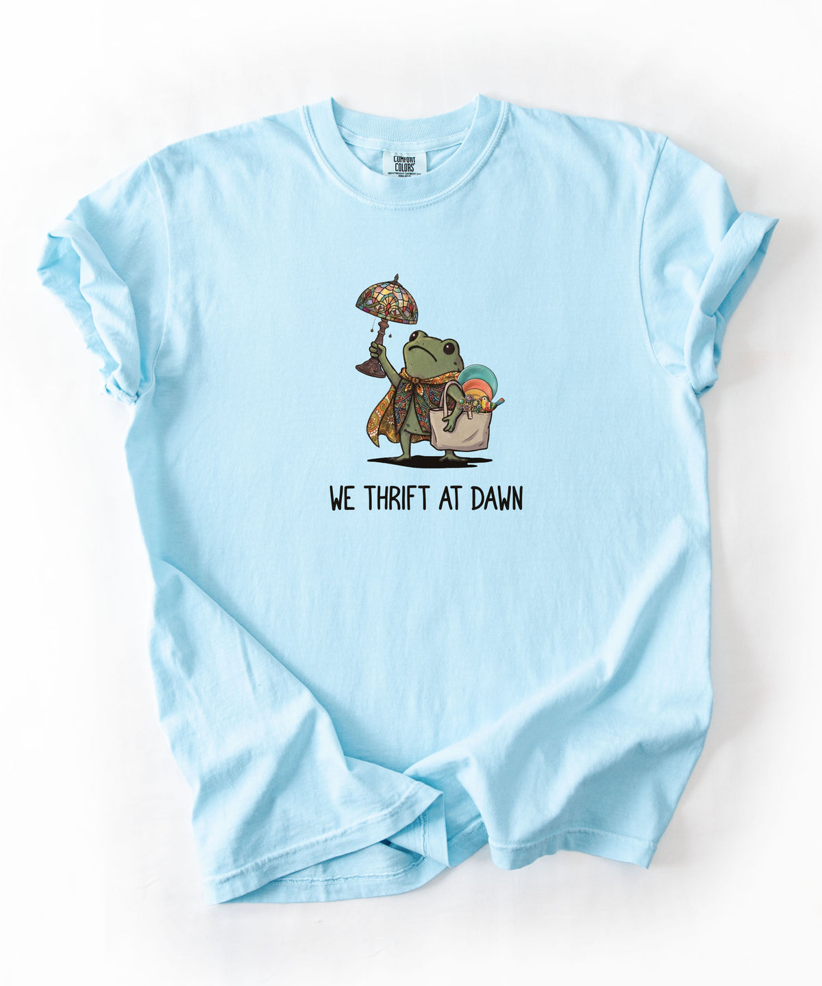 We Thrift at Dawn frog graphic tee in Chambray — vintage camping thrift haul design