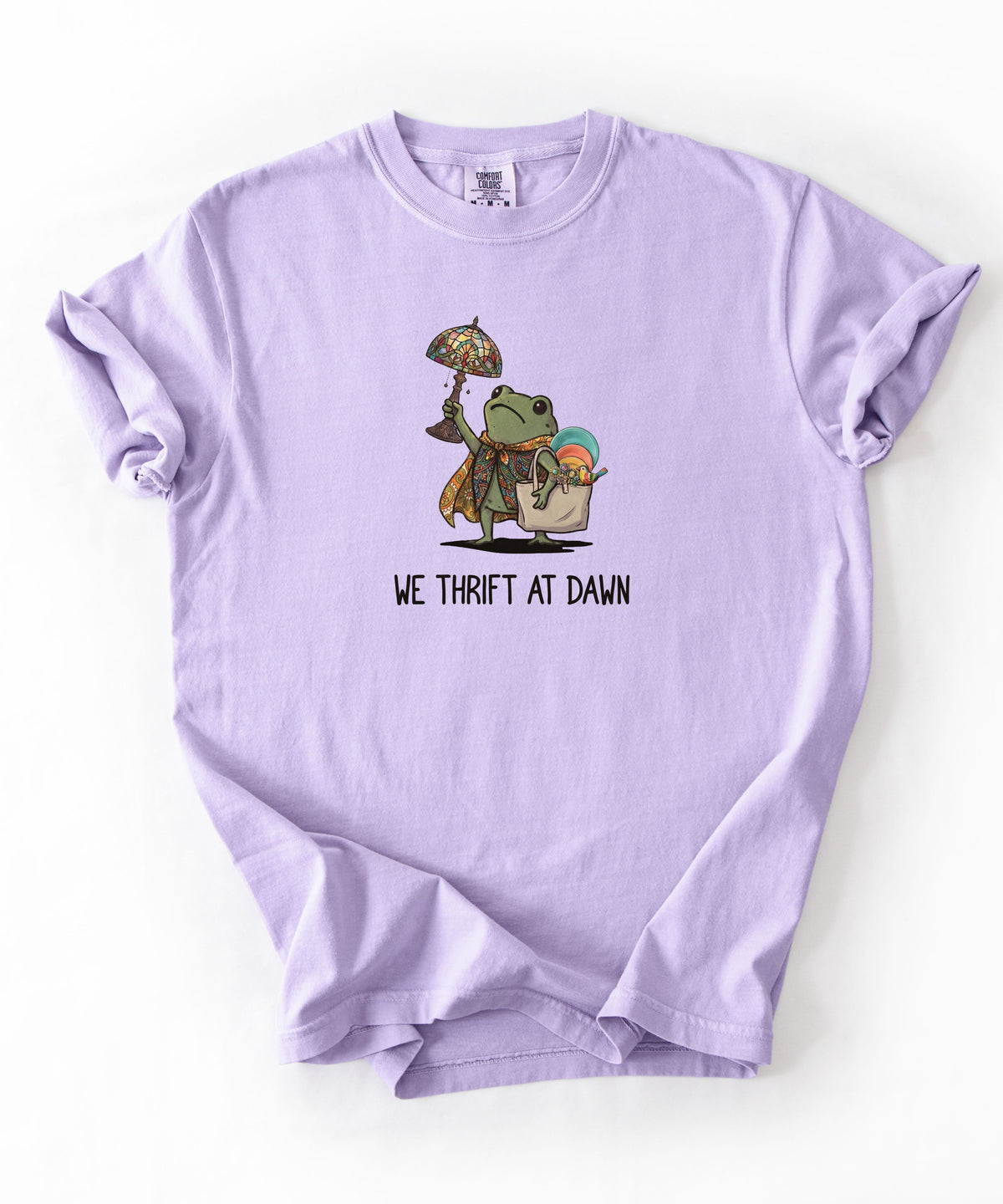 We Thrift at Dawn frog graphic tee in Orchid — vintage camping thrift haul design