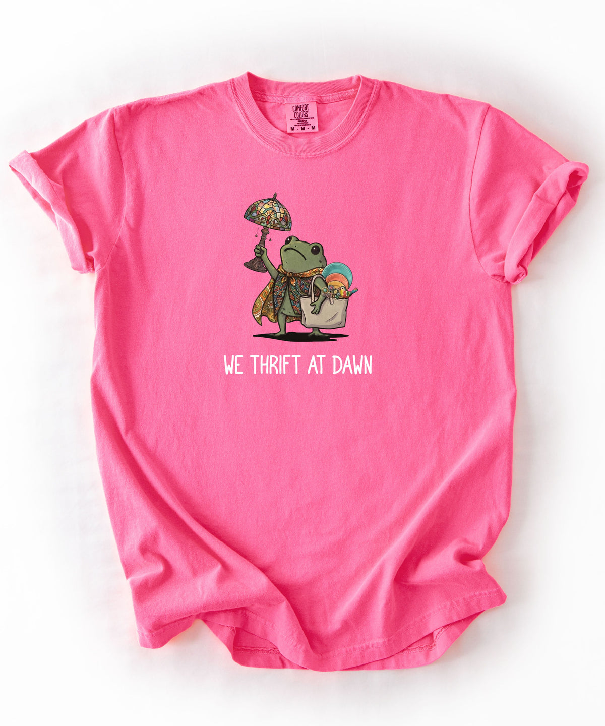 We Thrift at Dawn frog graphic tee in Neon Pink — vintage camping thrift haul design