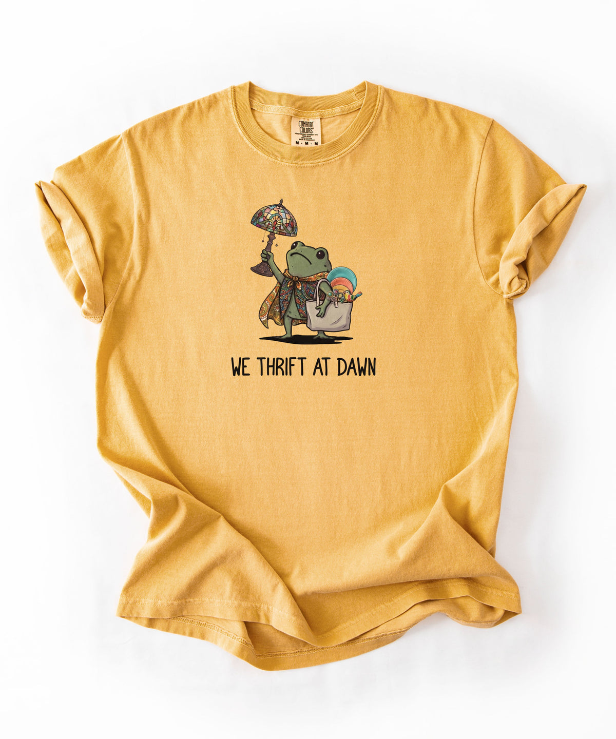 We Thrift at Dawn frog graphic tee in Mustard — vintage camping thrift haul design