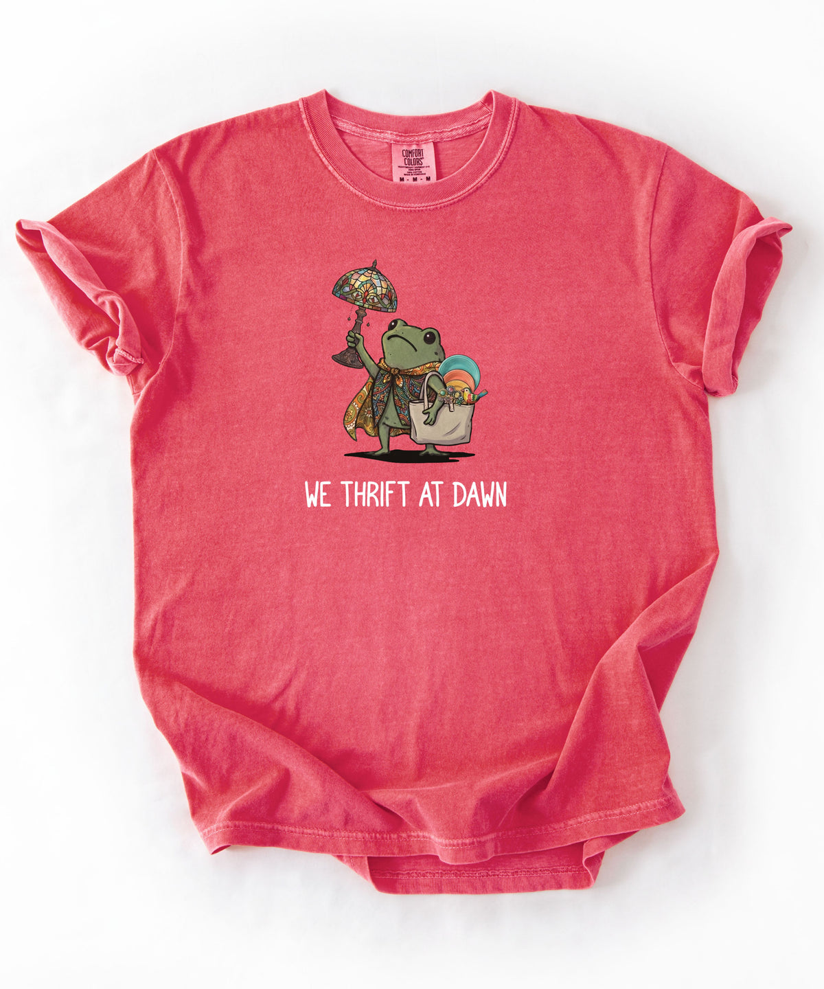 We Thrift at Dawn frog graphic tee in Watermelon — vintage camping thrift haul design