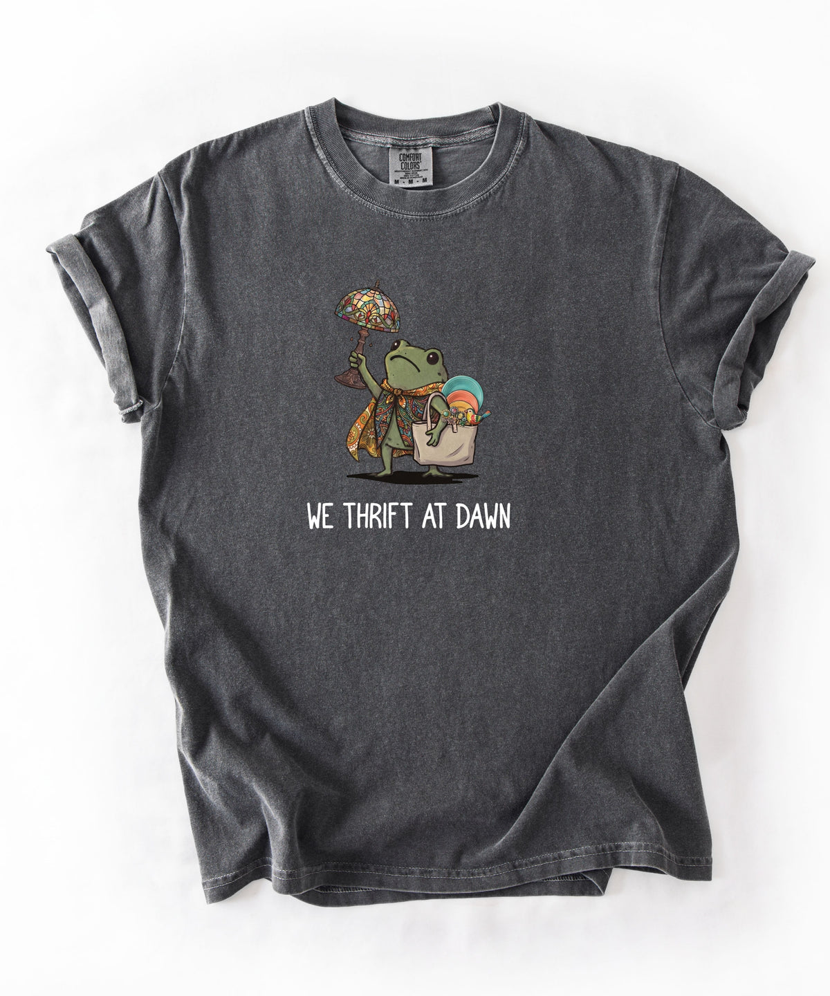 We Thrift at Dawn frog graphic tee in Pepper — vintage camping thrift haul design