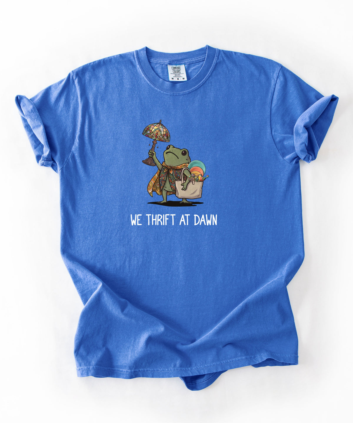 We Thrift at Dawn frog graphic tee in Flo Blue — vintage camping thrift haul design
