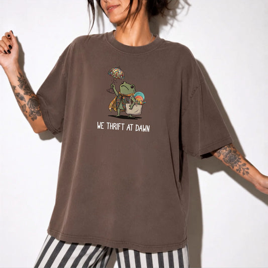 We Thrift at Dawn frog graphic tee in Espresso — vintage camping thrift haul design
