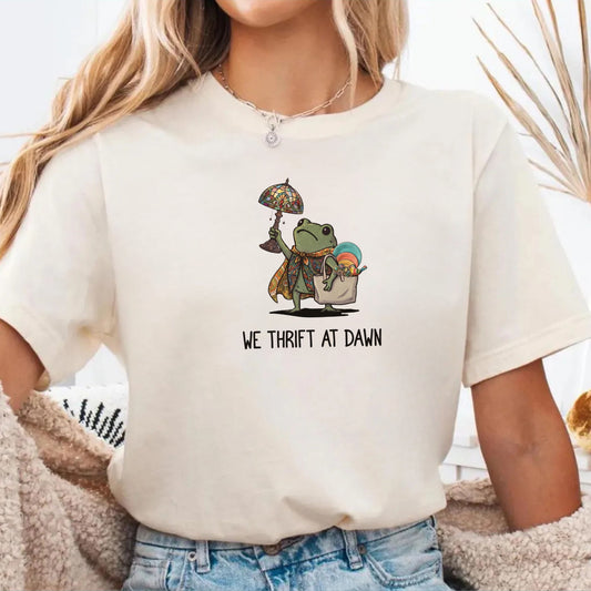We Thrift at Dawn frog graphic tee in Ivory — vintage camping thrift haul design