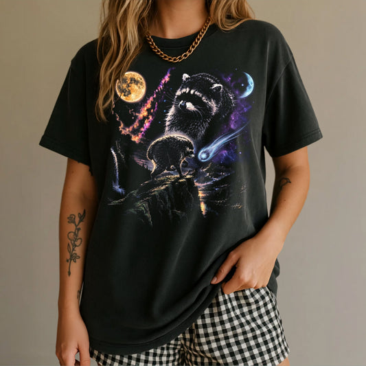 A woman wearing a black graphic t-shirt with a detailed space-themed print of a raccoon, moon, and planets, paired with black and white gingham shorts.