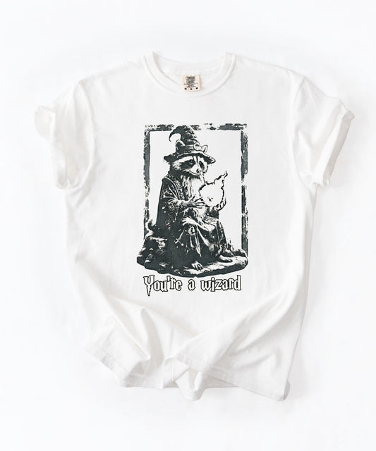 Funny wizard raccoon graphic tee in White, vintage engraving style with "You're a Wizard Harry" text