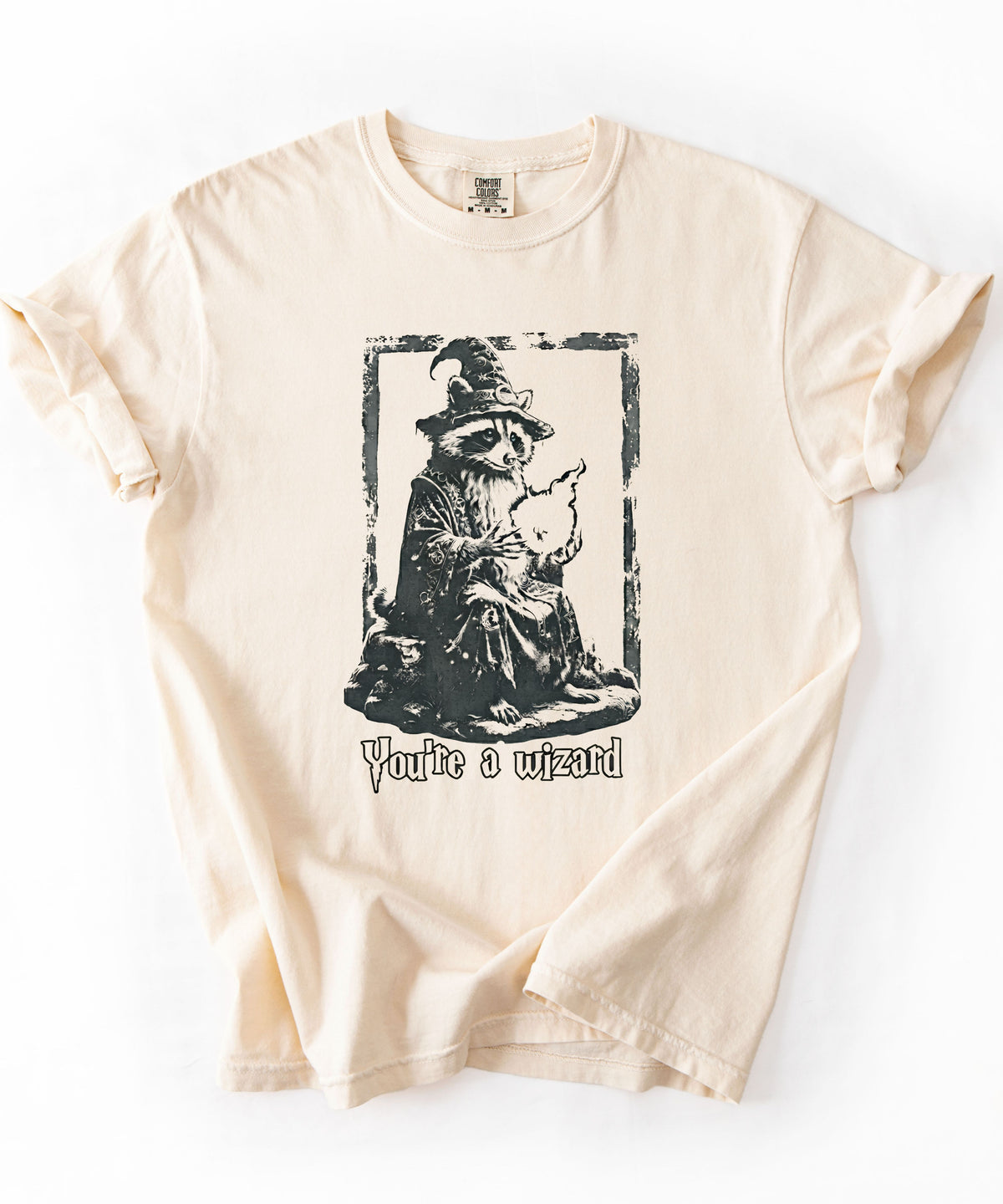 Funny wizard raccoon graphic tee in Ivory, vintage engraving style with "You're a Wizard Harry" text
