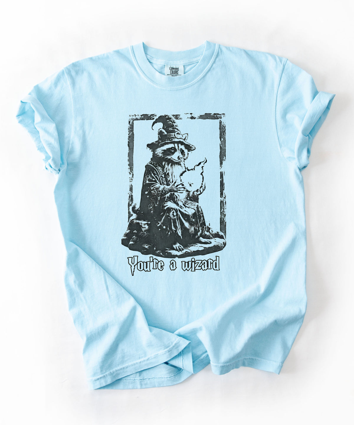 Funny wizard raccoon graphic tee in Chambray, vintage engraving style with "You're a Wizard Harry" text