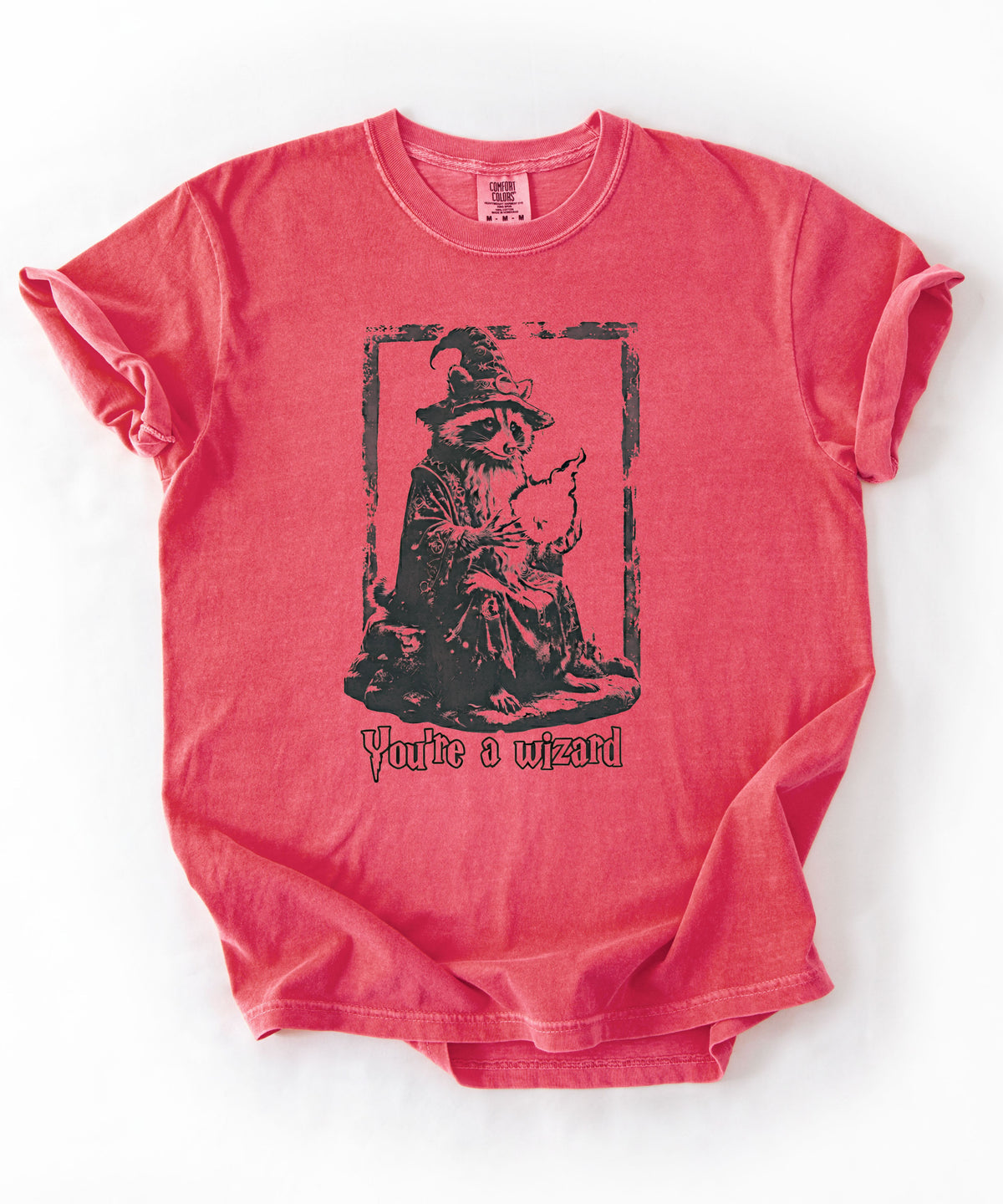 Funny wizard raccoon graphic tee in Crunchberry, vintage engraving style with "You're a Wizard Harry" text
