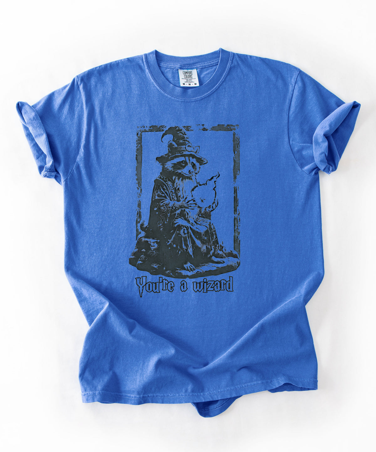 Funny wizard raccoon graphic tee in Flo Blue, vintage engraving style with "You're a Wizard Harry" text