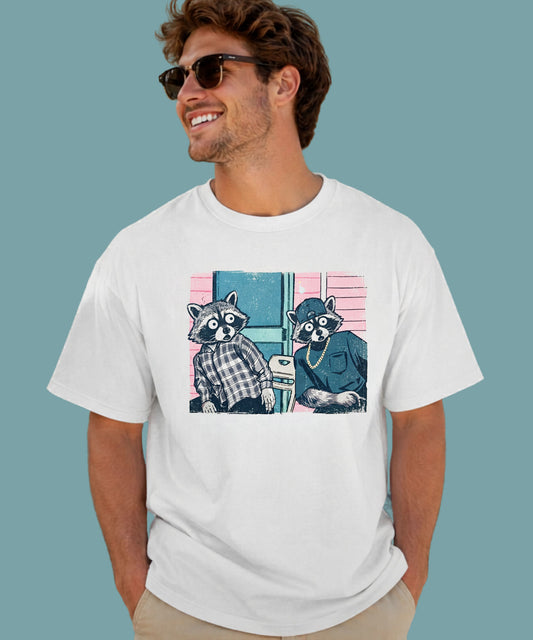 Two raccoon neighbors on a porch graphic tee in White, vintage pastel illustration meme design