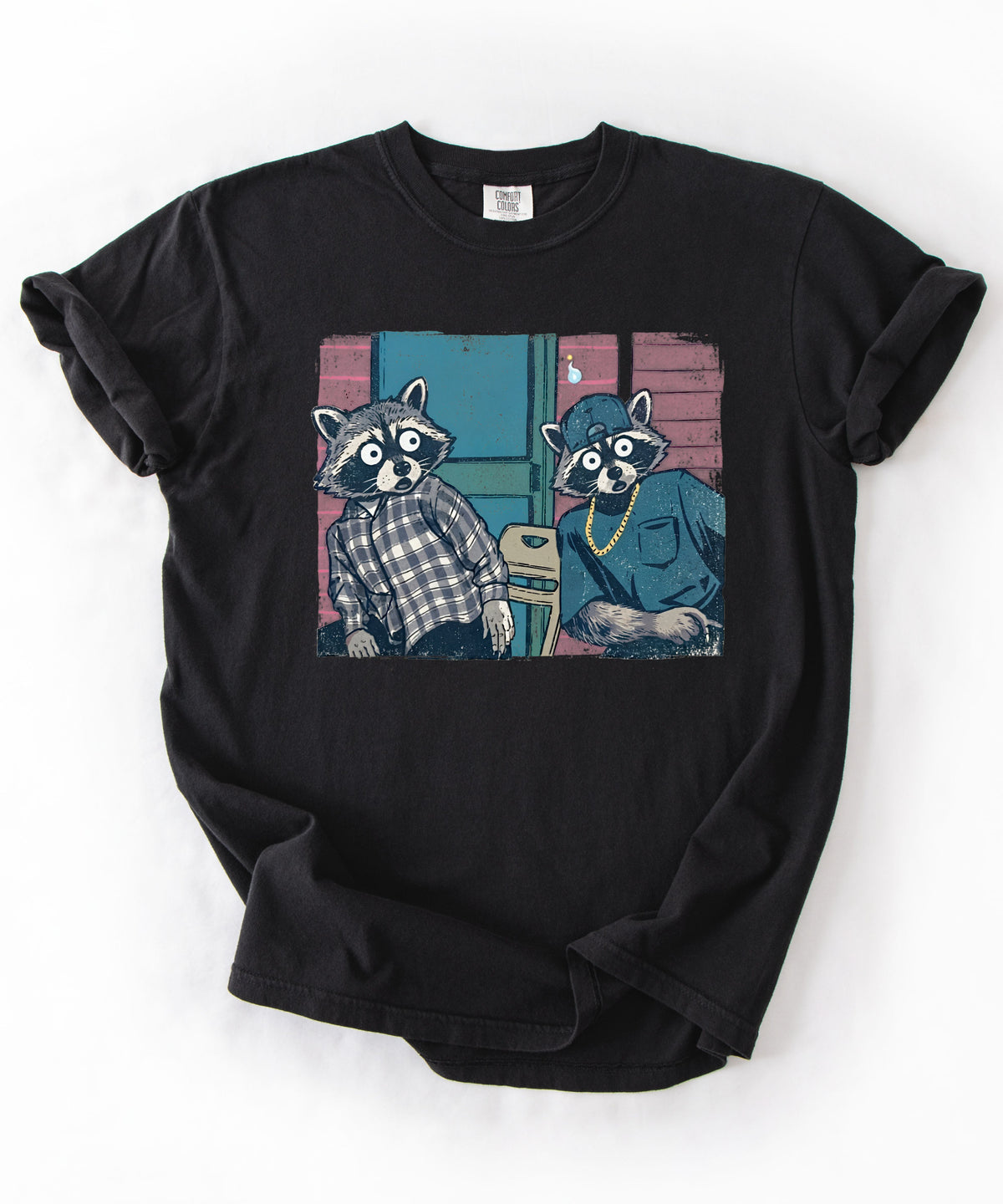 Two raccoon neighbors on a porch graphic tee in black, vintage pastel illustration meme design