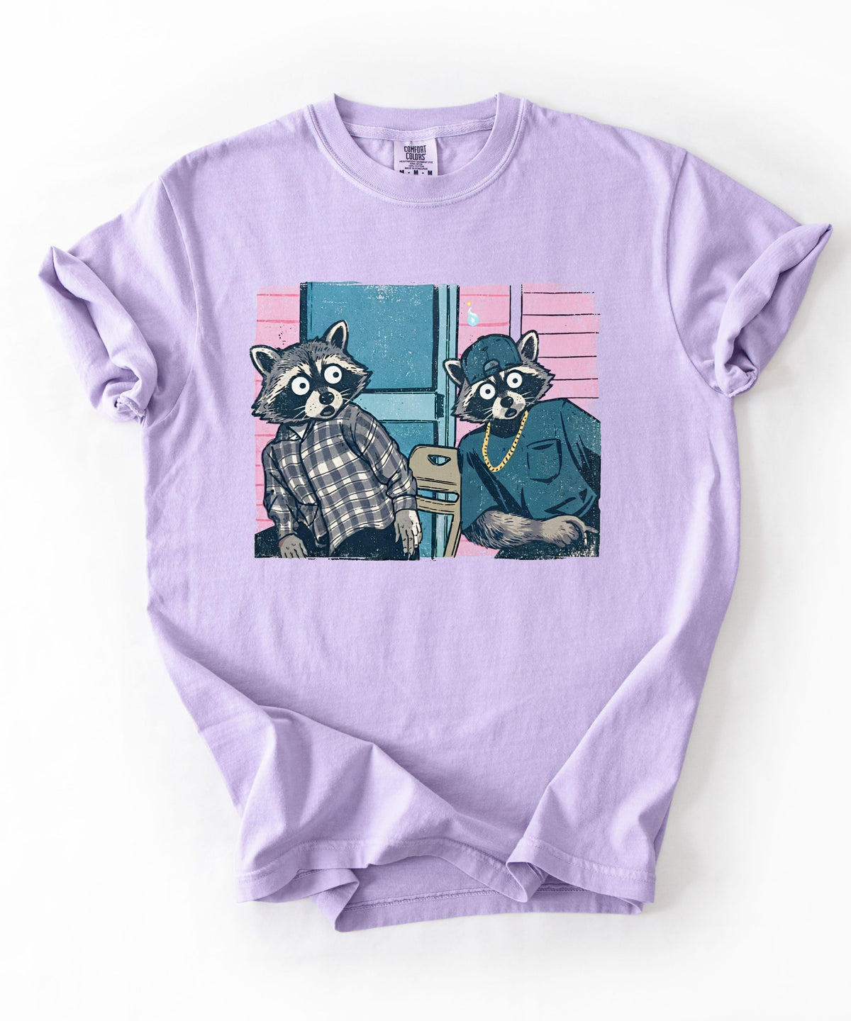 Two raccoon neighbors on a porch graphic tee in Orchid, vintage pastel illustration meme design