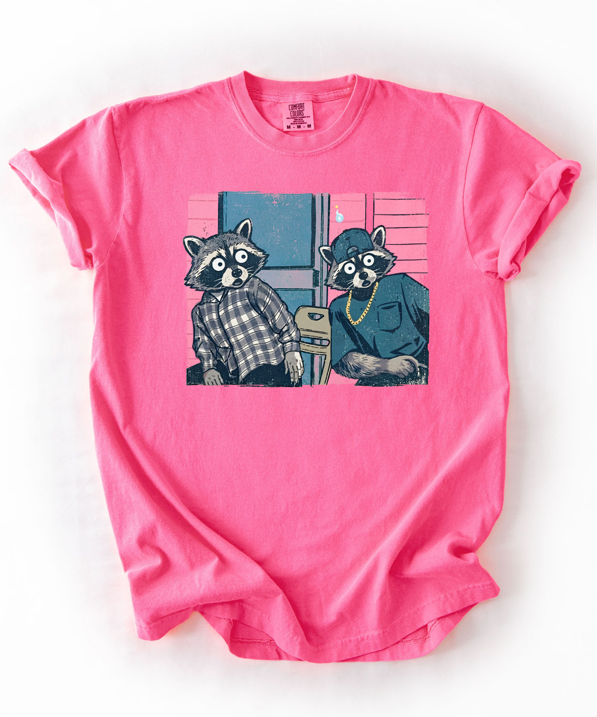 Two raccoon neighbors on a porch graphic tee in Neon Pink, vintage pastel illustration meme design