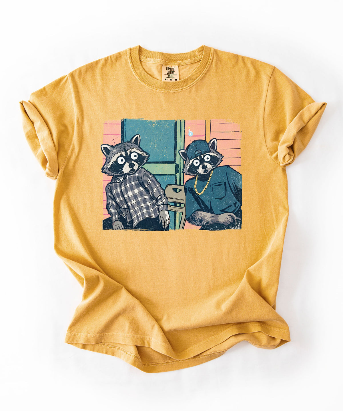 Two raccoon neighbors on a porch graphic tee in Mustard, vintage pastel illustration meme design