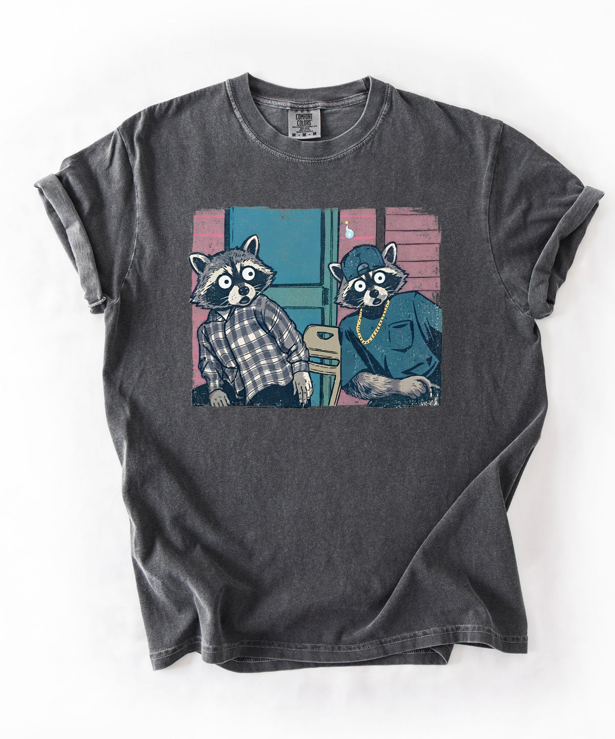 Two raccoon neighbors on a porch graphic tee in Pepper, vintage pastel illustration meme design