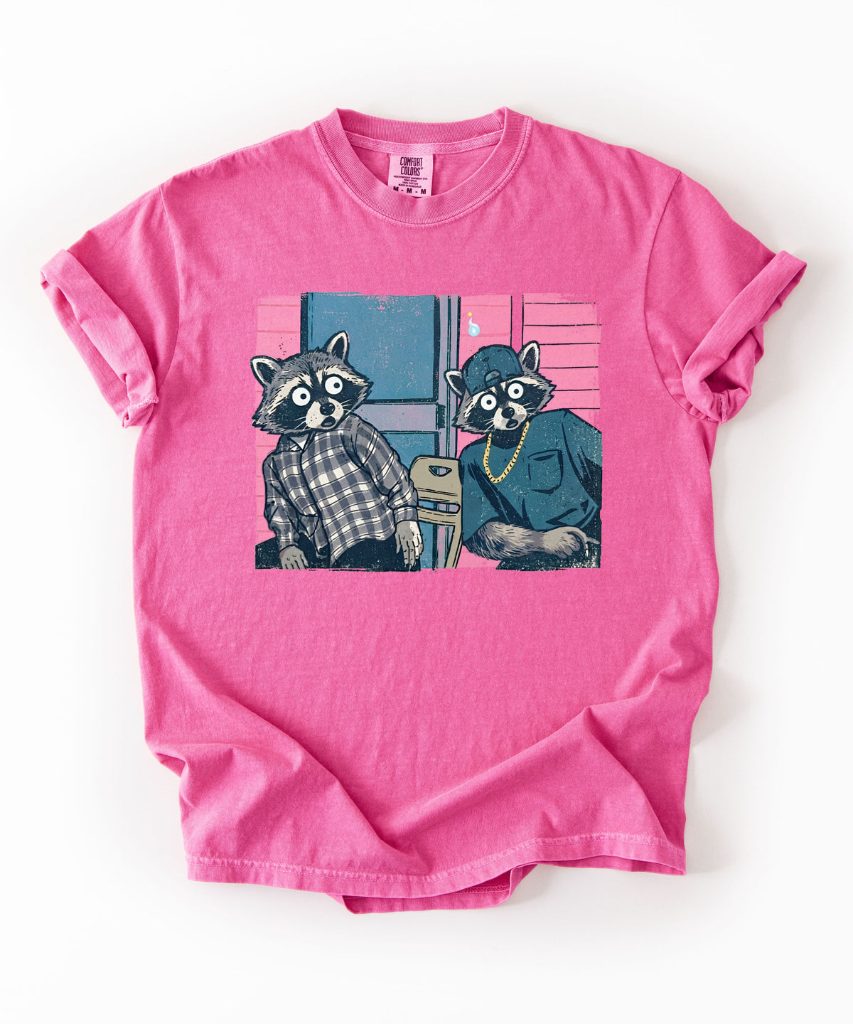 Two raccoon neighbors on a porch graphic tee in Crunchberry, vintage pastel illustration meme design