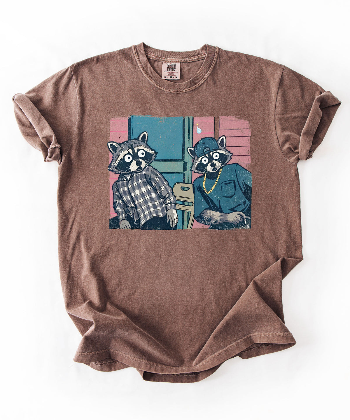 Two raccoon neighbors on a porch graphic tee in Espresso, vintage pastel illustration meme design