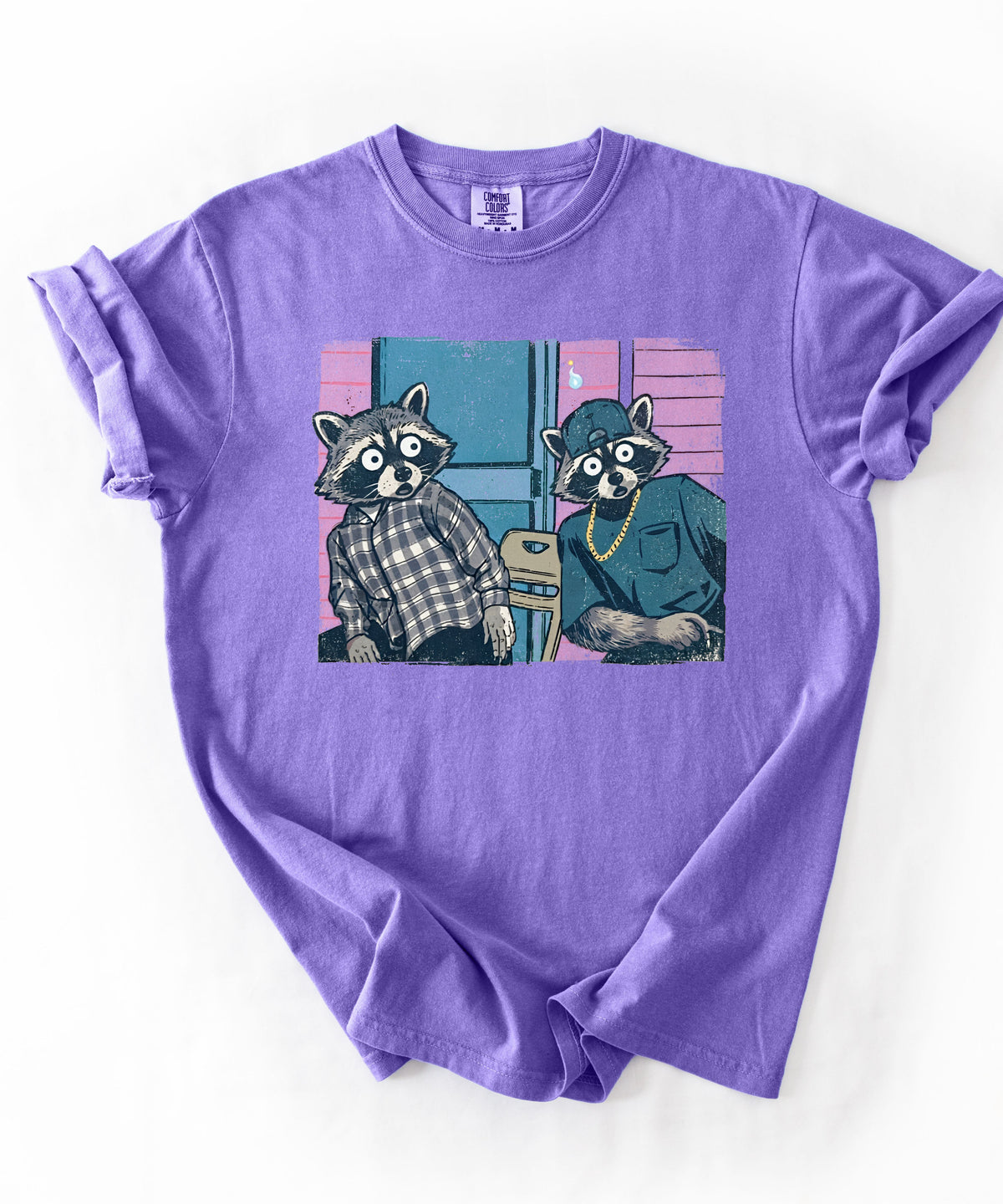 Two raccoon neighbors on a porch graphic tee in Violet, vintage pastel illustration meme design