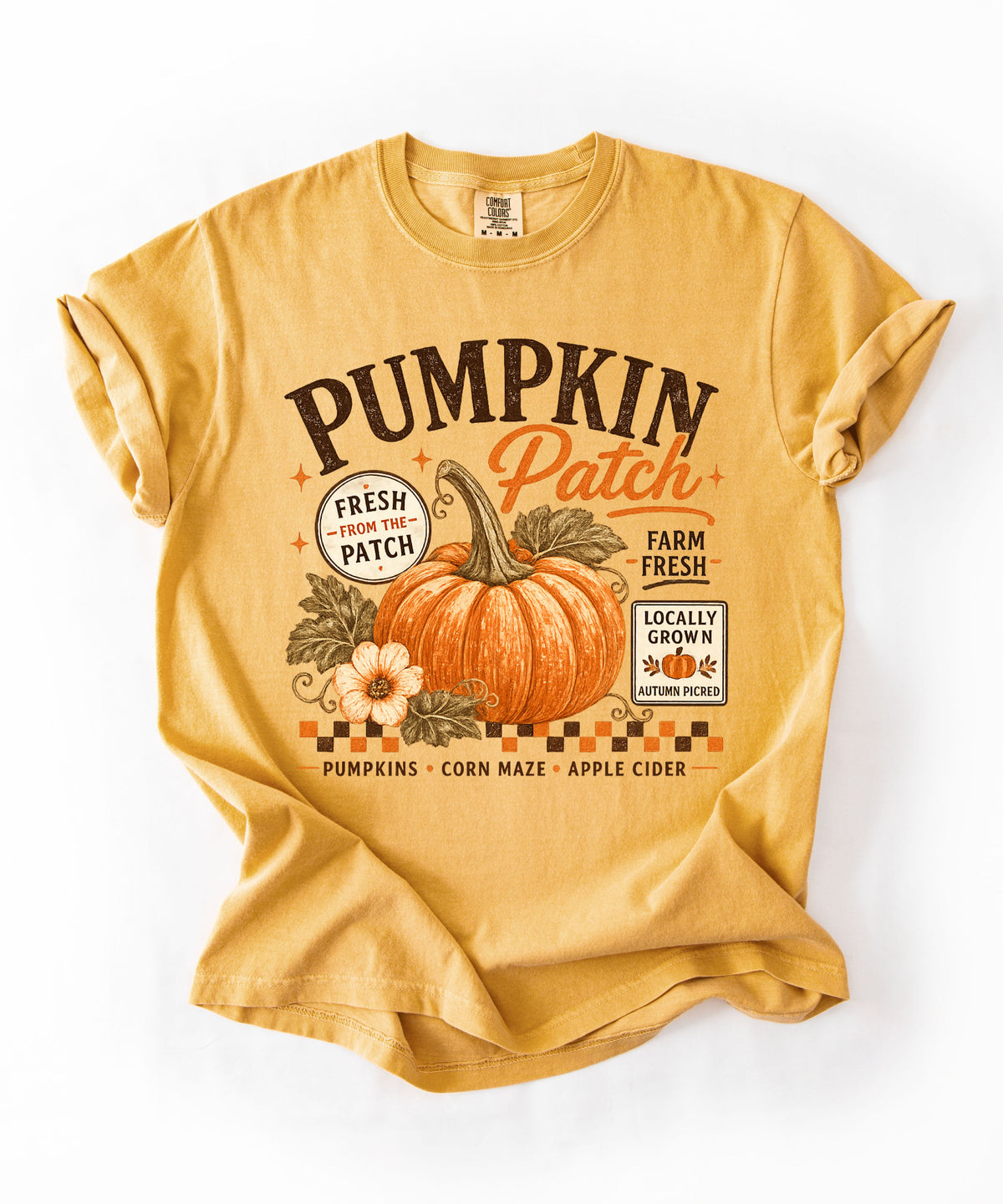Farm fresh pumpkin patch graphic tee in Mustard — heavyweight garment-dyed cotton t-shirt