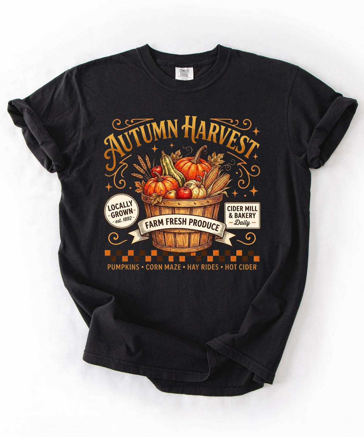 Autumn harvest pumpkin farm graphic tee in Black — heavyweight garment-dyed cotton t-shirt