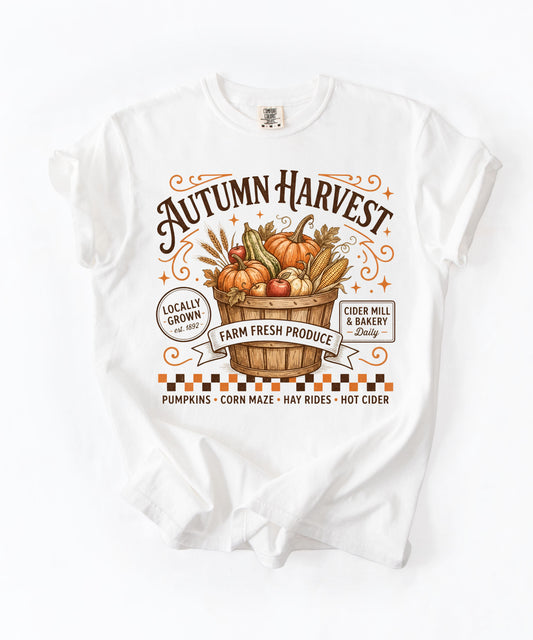 Autumn harvest pumpkin farm graphic tee in White — heavyweight garment-dyed cotton t-shirt