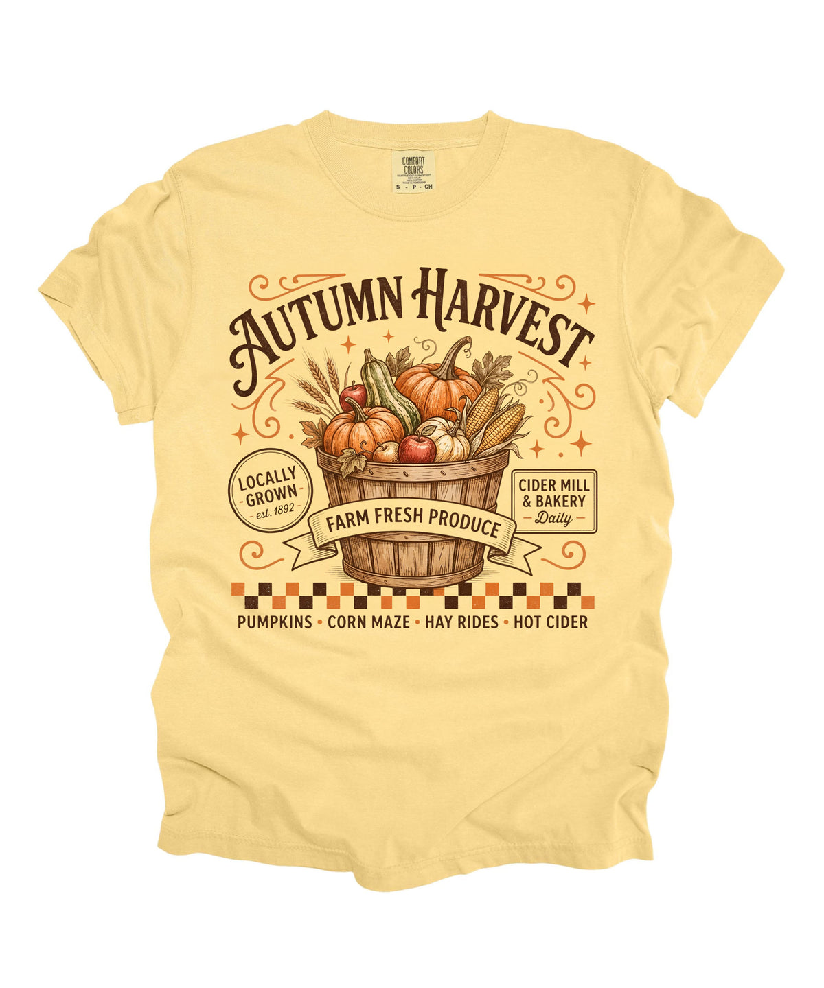 Autumn harvest pumpkin farm graphic tee in Butter — heavyweight garment-dyed cotton t-shirt