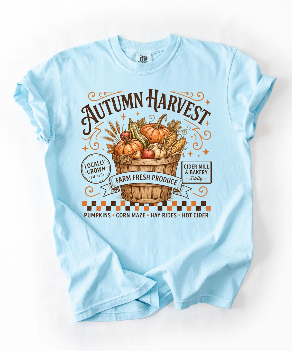 Autumn harvest pumpkin farm graphic tee in Chambray — heavyweight garment-dyed cotton t-shirt