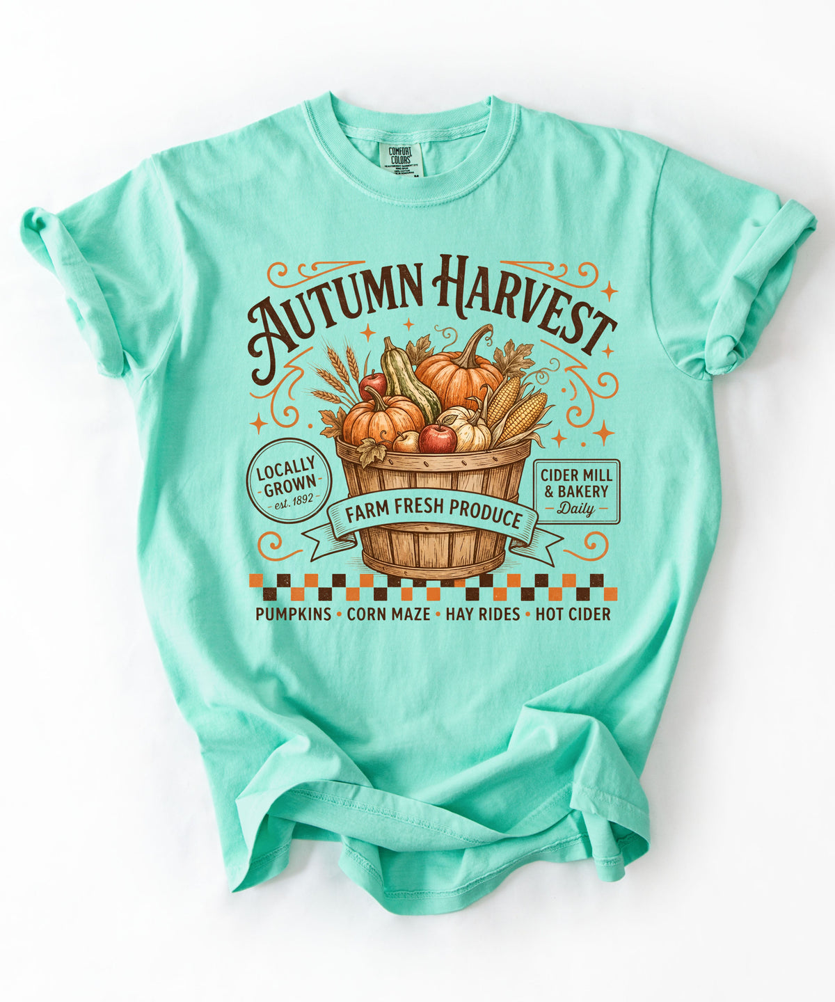 Autumn harvest pumpkin farm graphic tee in Island Reef — heavyweight garment-dyed cotton t-shirt