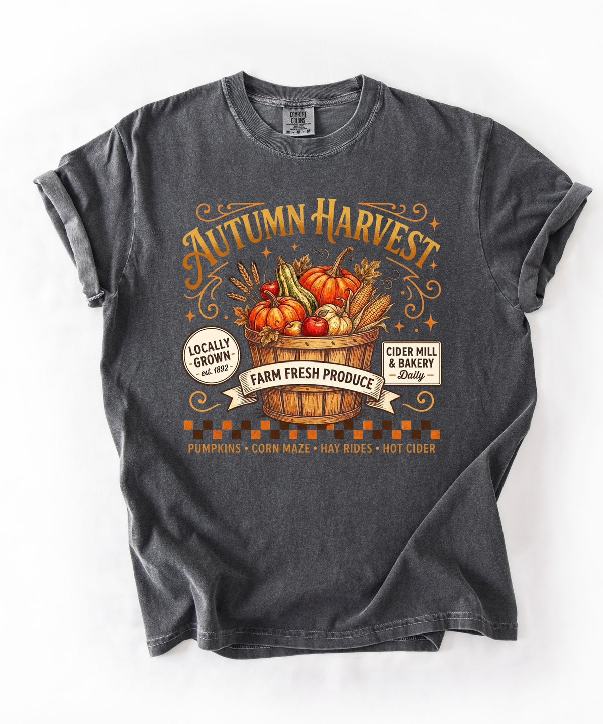 Autumn harvest pumpkin farm graphic tee in Pepper — heavyweight garment-dyed cotton t-shirt