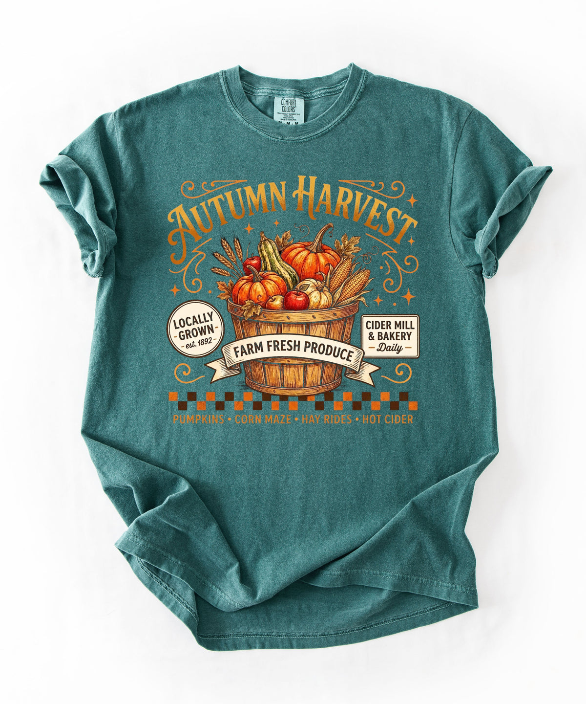 Autumn harvest pumpkin farm graphic tee in Blue Spruce— heavyweight garment-dyed cotton t-shirt