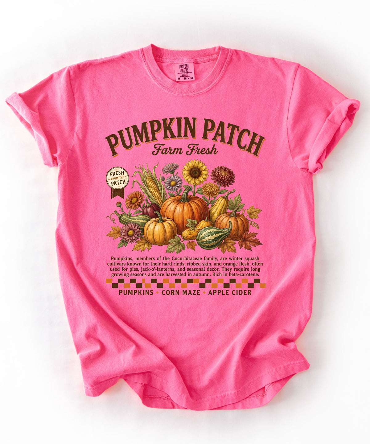 Farm fresh pumpkin patch graphic tee in Neon Pink — heavyweight garment-dyed cotton t-shirt