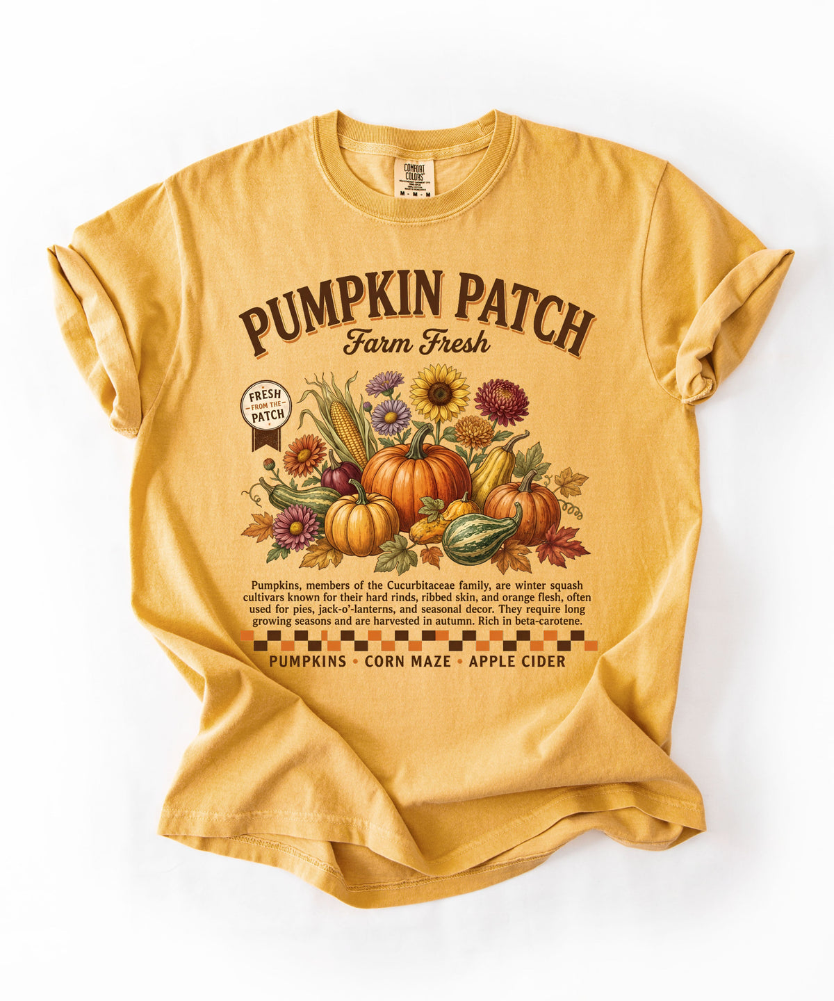 Farm fresh pumpkin patch graphic tee in Mustard — heavyweight garment-dyed cotton t-shirt