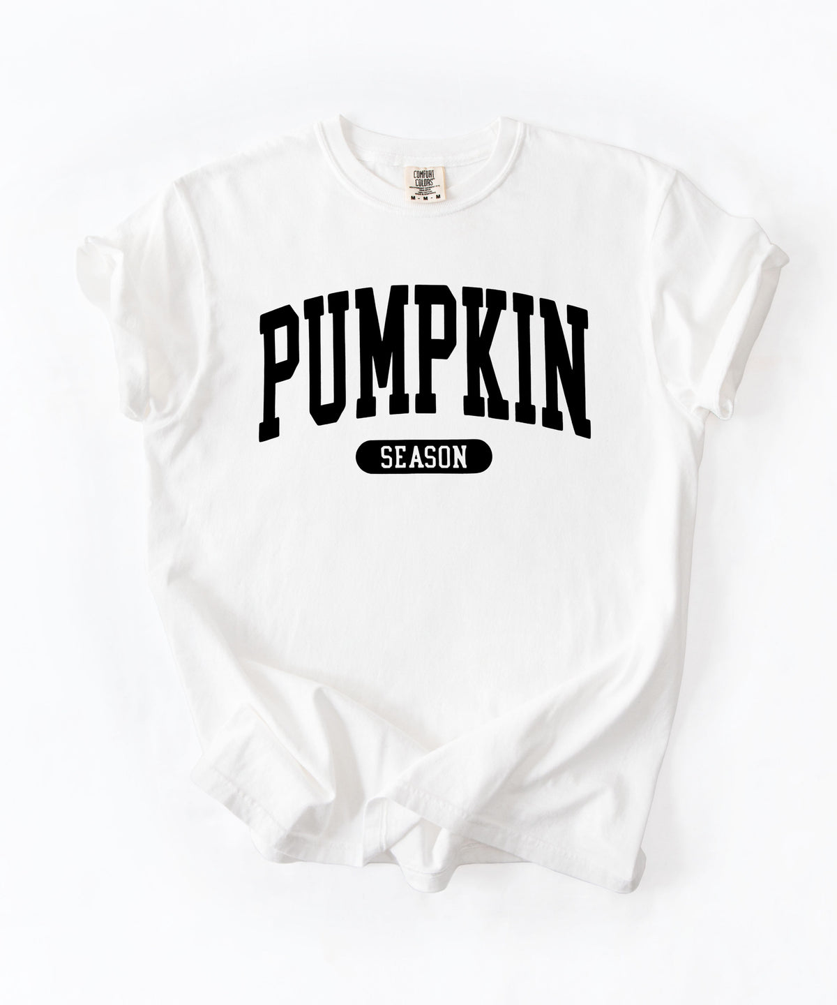 Pumpkin Season T-Shirt in White – garment-dyed graphic tee with collegiate lettering